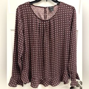 ANN TAYLOR Factory Burgundy Maroon Patterned Top Long Sleeve Size Med Ruffle Slv